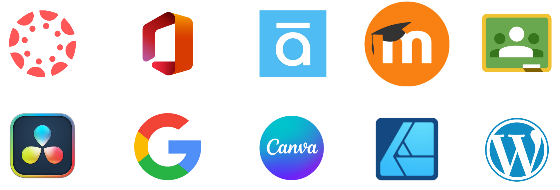 Icons for Software including Canva, Microsoft office, articualte, zoom, google classroom, camtasia, g-suite, adobe creative cloud, and wordpress